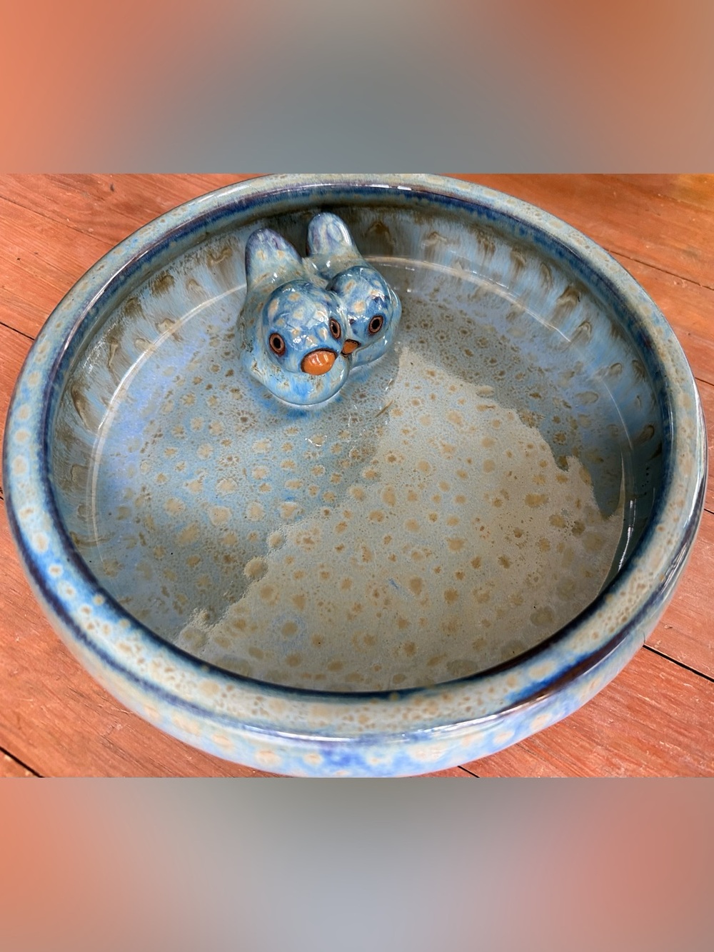 Blue Glazed Ceramic Bird Bath with Bird Accent
